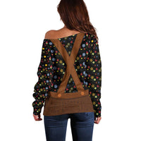 Women’s off-shoulder folk floral sweater with brown X-back panel and long sleeves, dark print