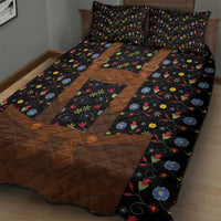 Black quilt with brown patchwork center and multicolor folk floral pattern, matching pillows