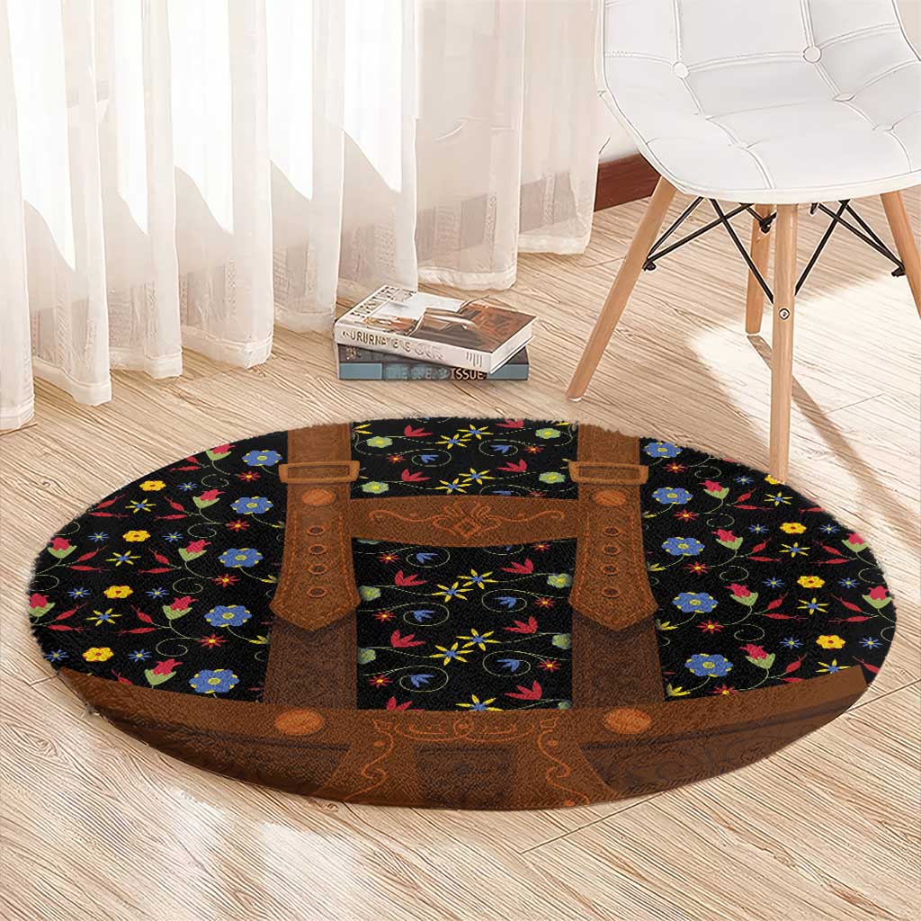 Round folk floral rug with black base, brown central apron panels, circular edges