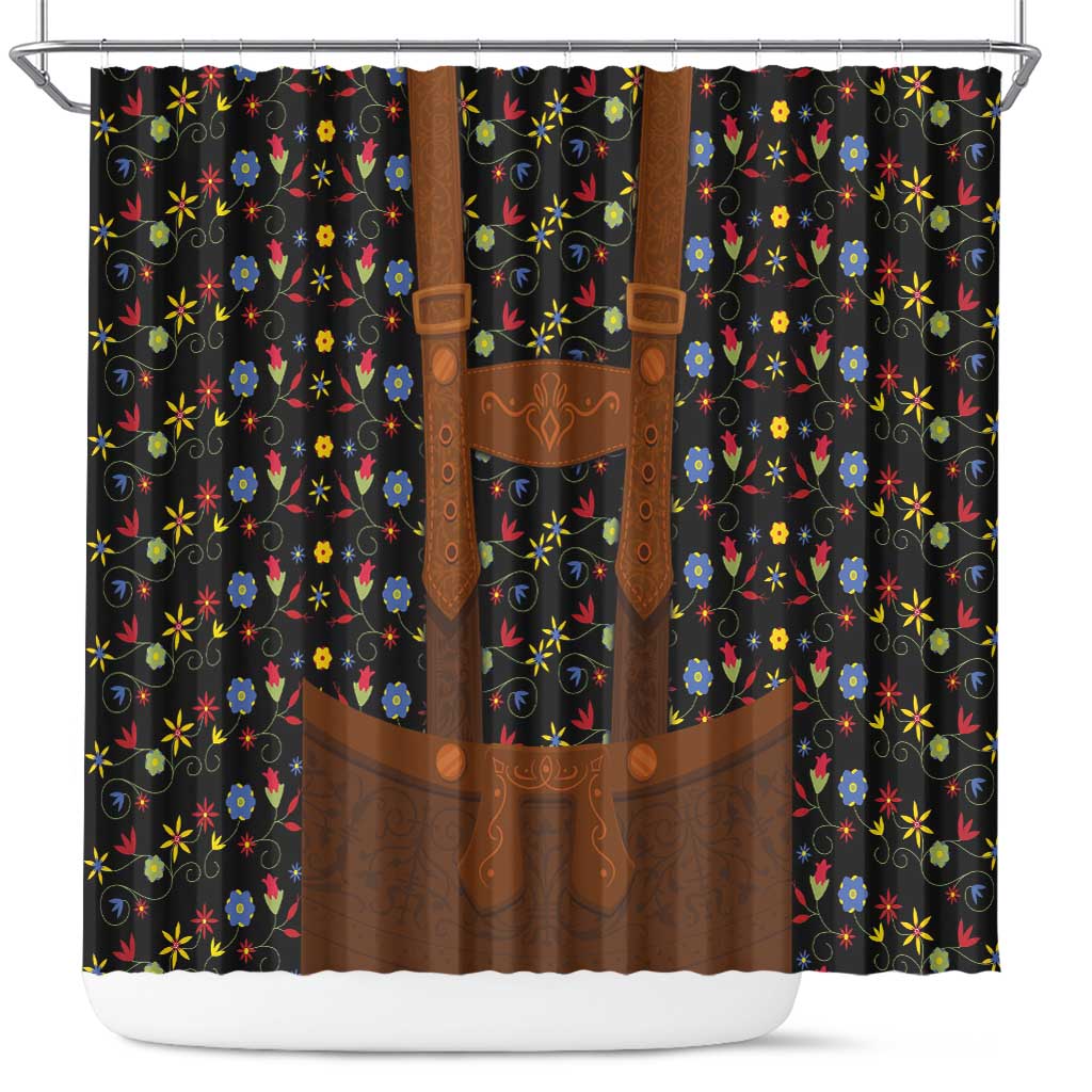 Shower curtain with black floral pattern and brown lederhosen graphic