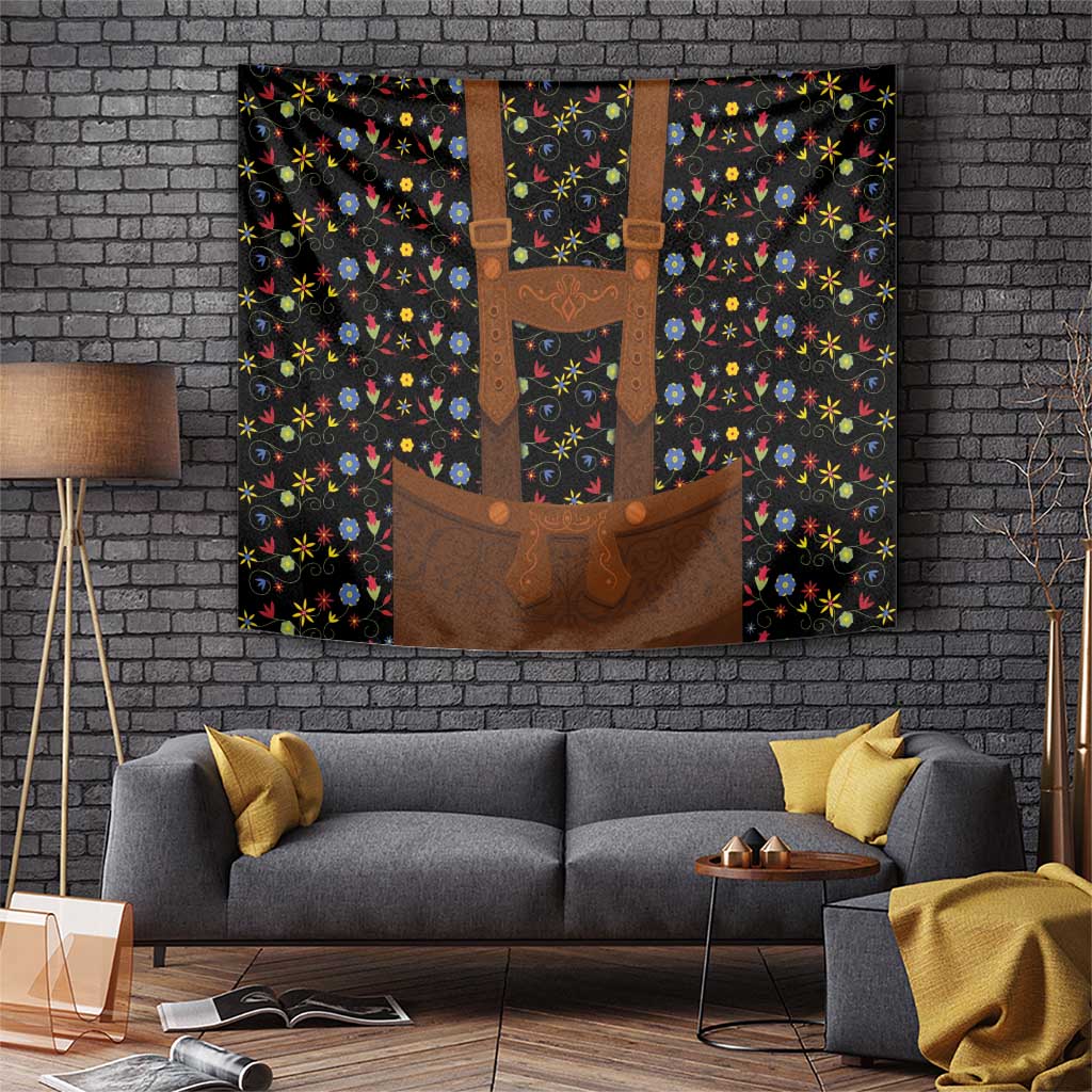 Wall-hanging tapestry with dark floral pattern and brown lederhosen apron graphic