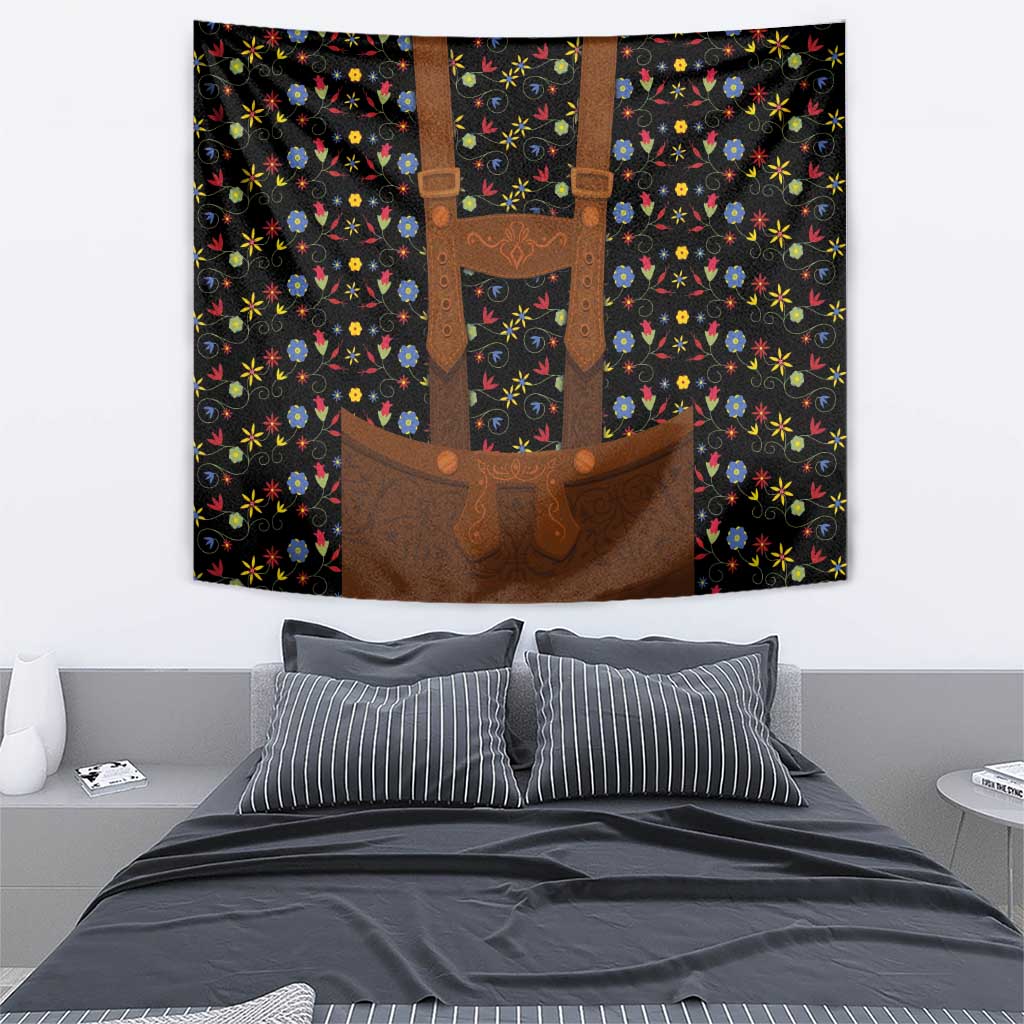 Traditional lederhosen wall tapestry with dark floral pattern and brown apron graphic