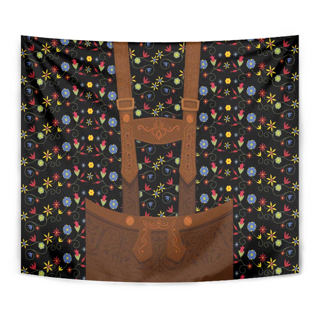 Tapestry with dark floral background and brown lederhosen apron motif