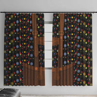 Black window curtain with colorful folk floral print and brown lederhosen-style center panel