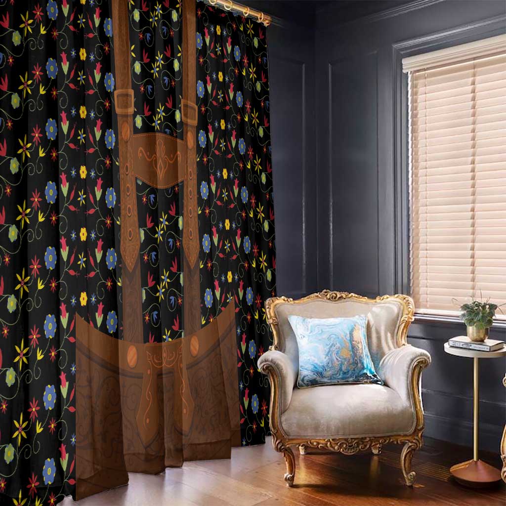Black window curtains with folk floral pattern and brown lederhosen-style vertical trim