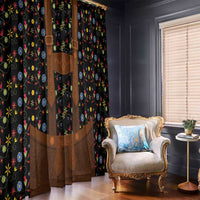 Black window curtains with folk floral pattern and brown lederhosen-style vertical trim