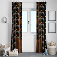 Pair of black folk floral window curtains with brown lederhosen-style center panels