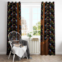Hanging black folk floral window curtains with brown lederhosen-style panels and top rings