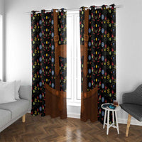Black folk floral window curtains with brown lederhosen-style panels, fully hanging