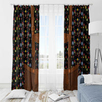 Black folk floral window curtains with brown lederhosen-style panels