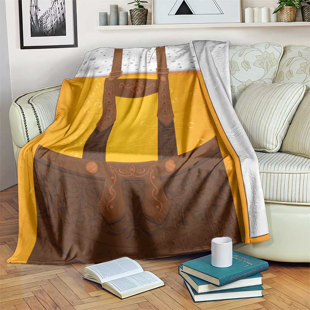 Yellow and brown Oktoberfest style lederhosen novelty blanket with white upper section