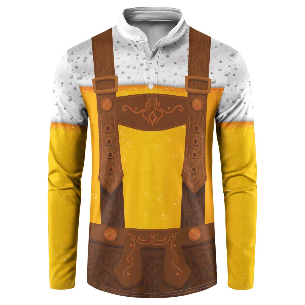 Yellow and brown button-front sweatshirt with printed lederhosen straps