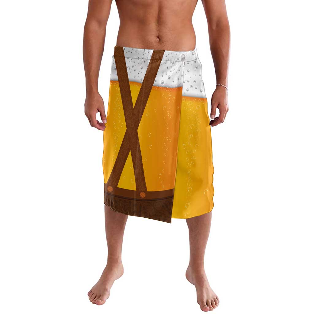 Yellow lederhosen-style shorts with white patterned waistband and brown cross straps