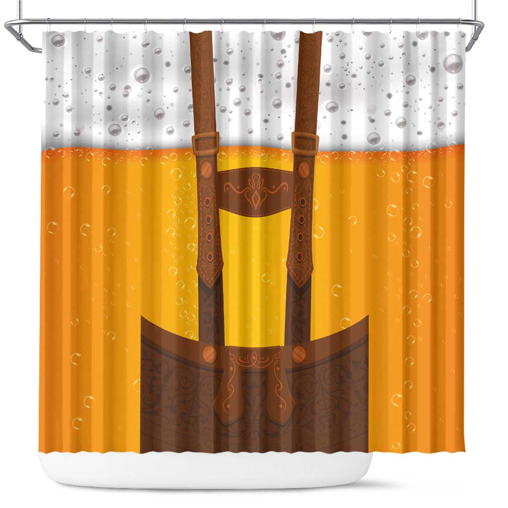 Yellow shower curtain with brown lederhosen suspenders and beer-bubble pattern