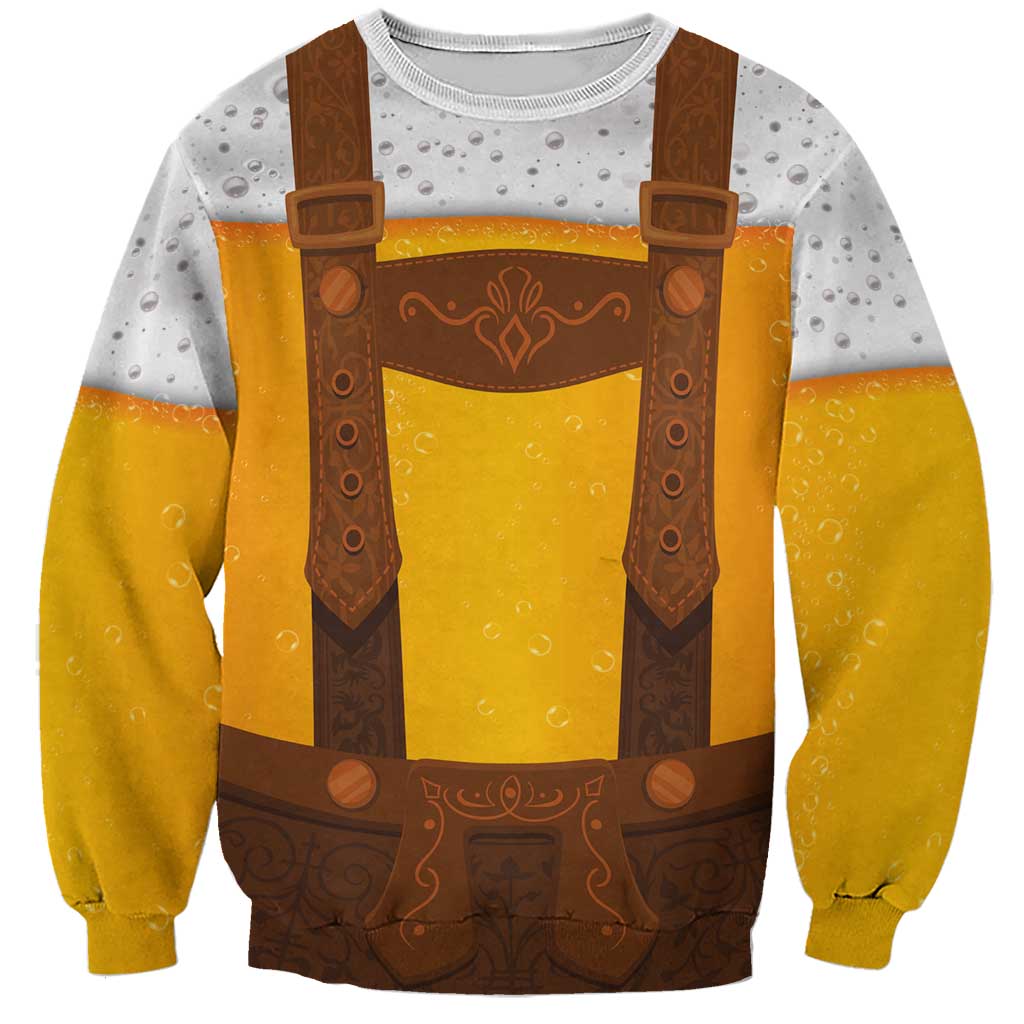 Unisex yellow and gray sweatshirt with lederhosen-style printed front and suspenders