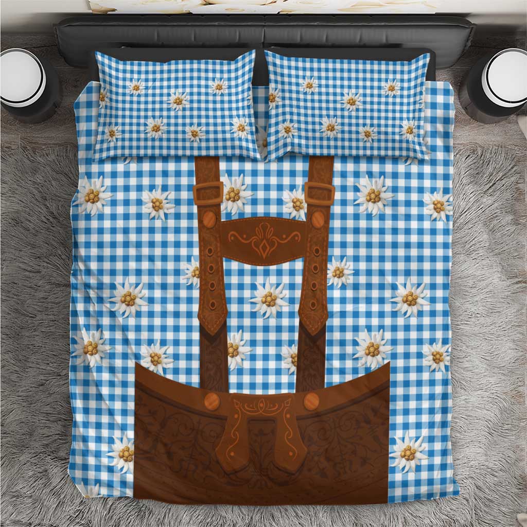 Blue plaid bedding set with white daisy print and brown lederhosen-style graphic