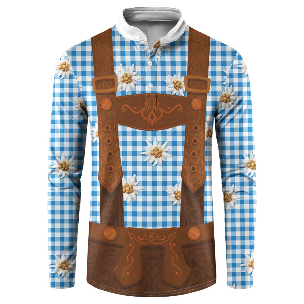 Blue plaid button sweatshirt with brown lederhosen graphic and gold edelweiss flowers