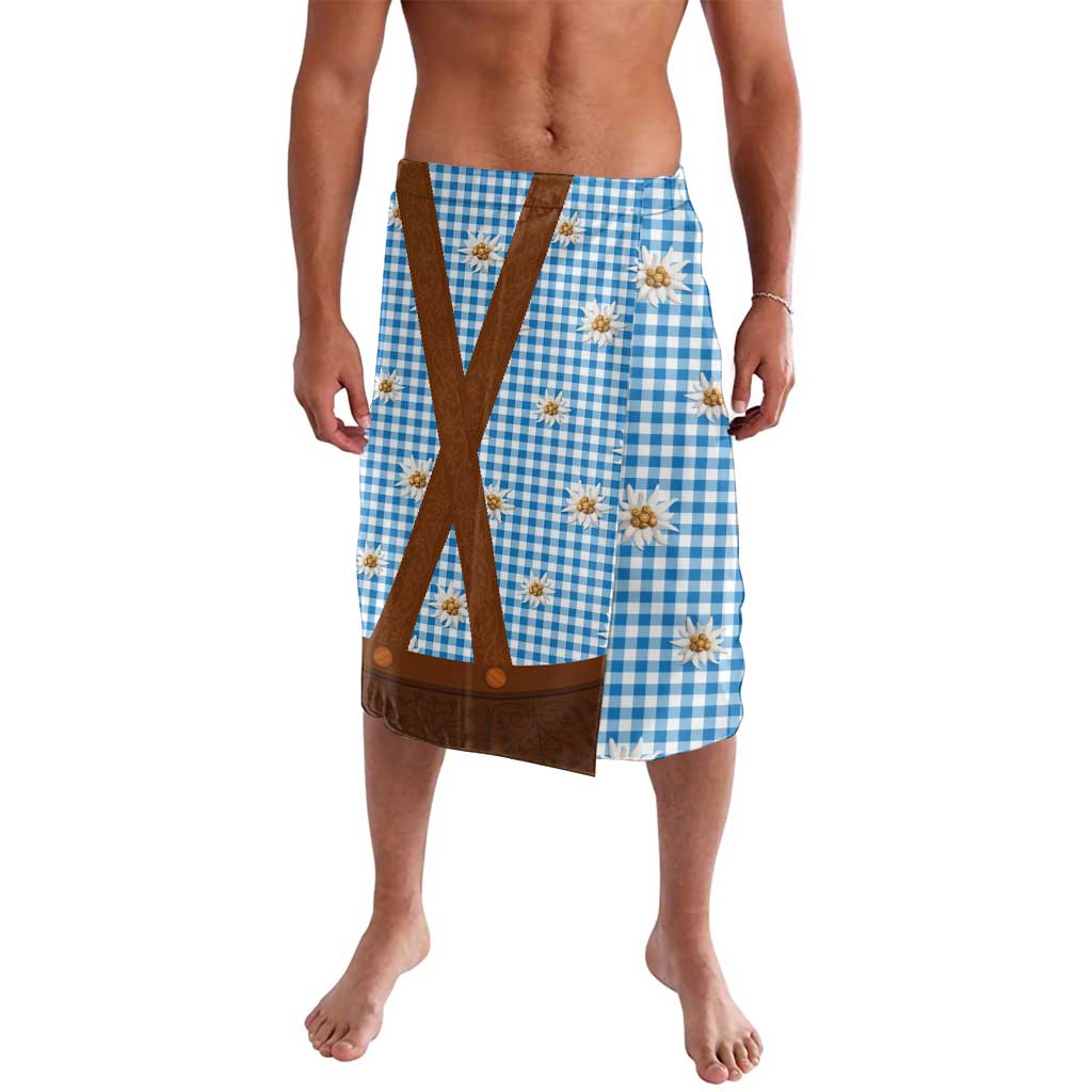 Men's blue gingham lederhosen-style apron with brown leather braces and edelweiss flowers