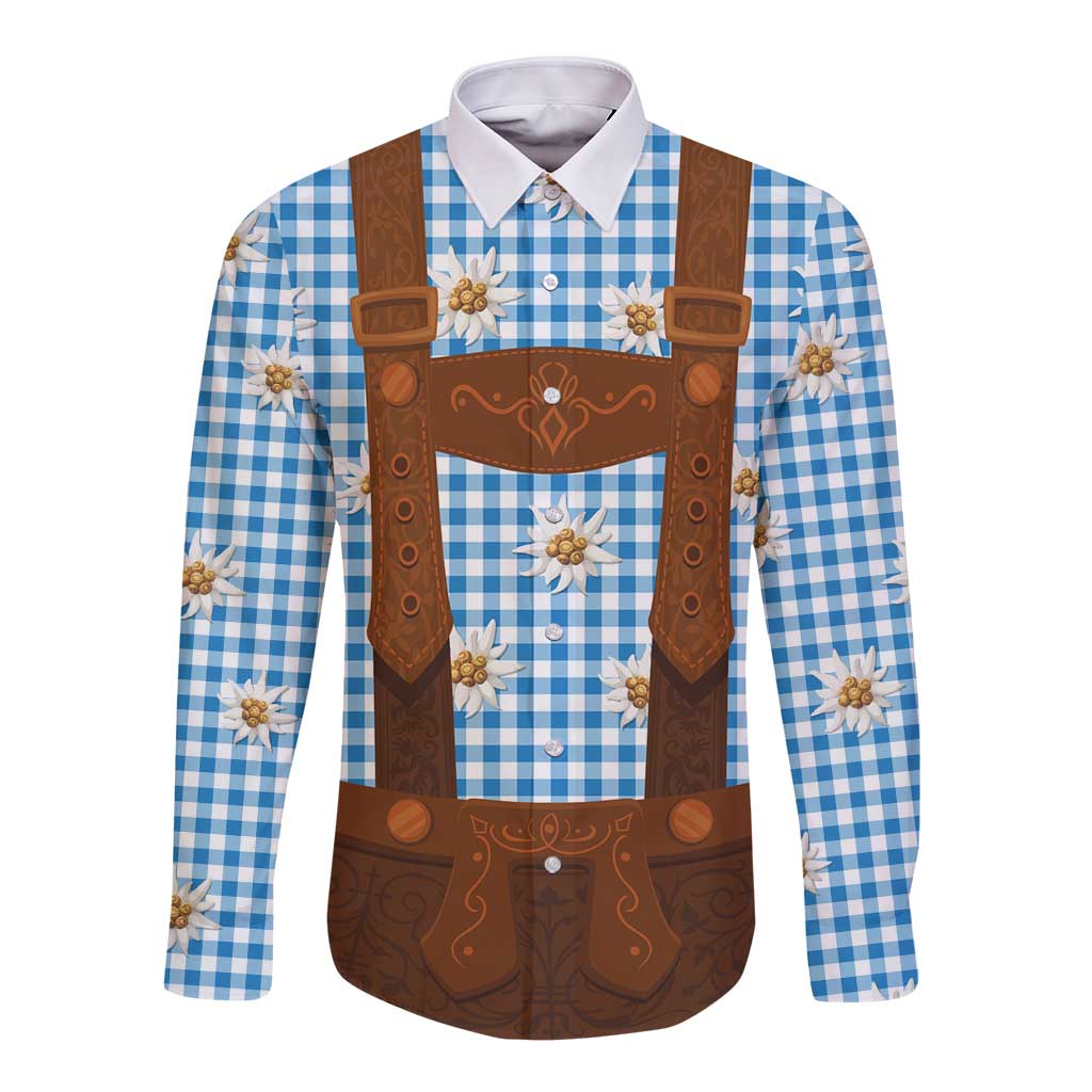 Blue plaid long-sleeve shirt with brown lederhosen braces and edelweiss flowers