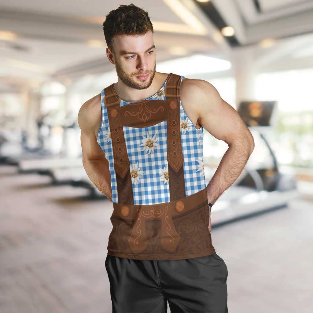 Traditional German Costume - Lederhosen Men Tank Top Blue Plaid Pattern with Edelweiss Flowers