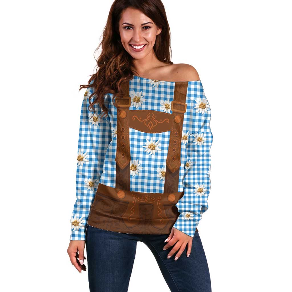 Traditional German Costume - Lederhosen Off Shoulder Sweater Blue Plaid Pattern with Edelweiss Flowers