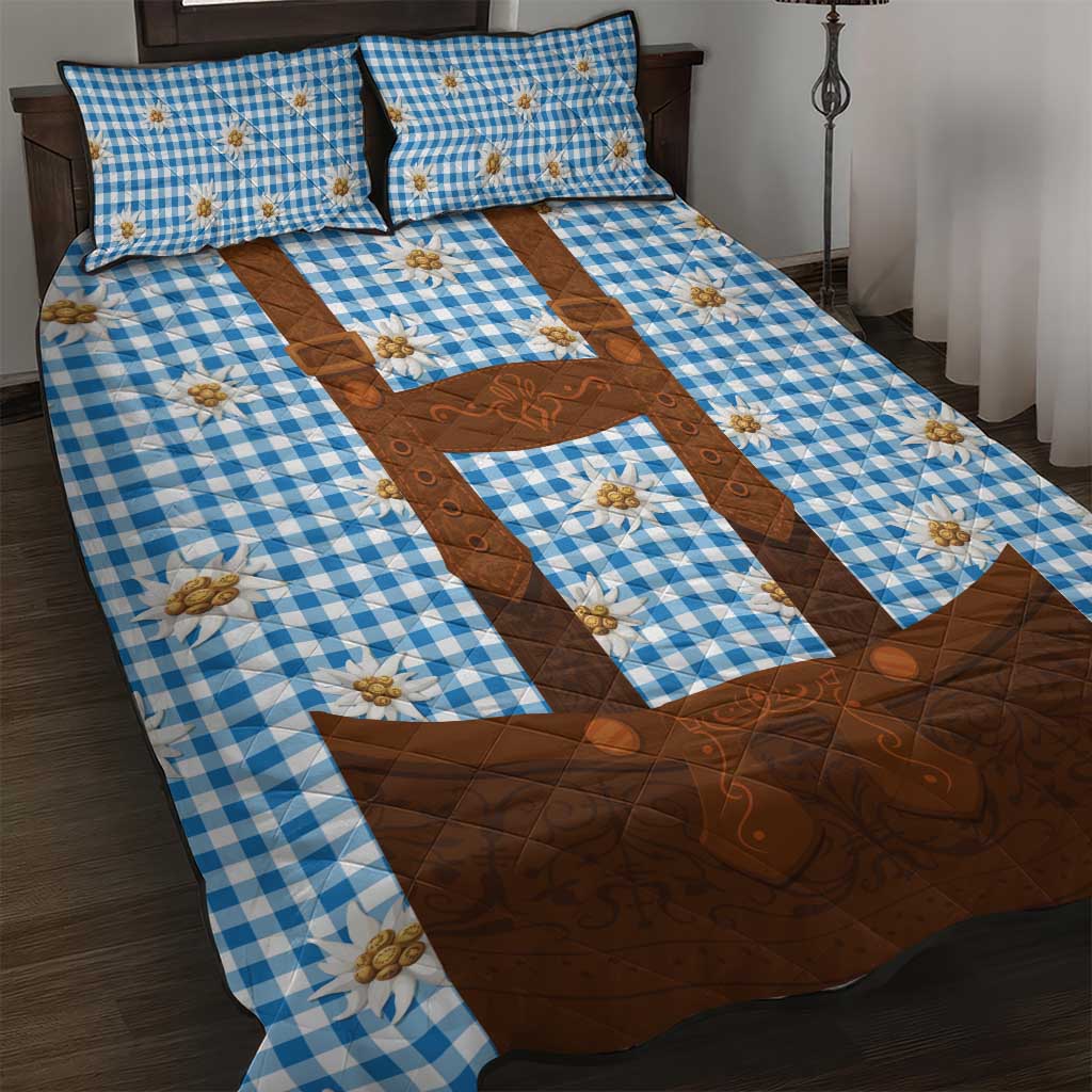 Traditional German Costume - Lederhosen Quilt Bed Set Blue Plaid Pattern with Edelweiss Flowers - Wonder Print Shop