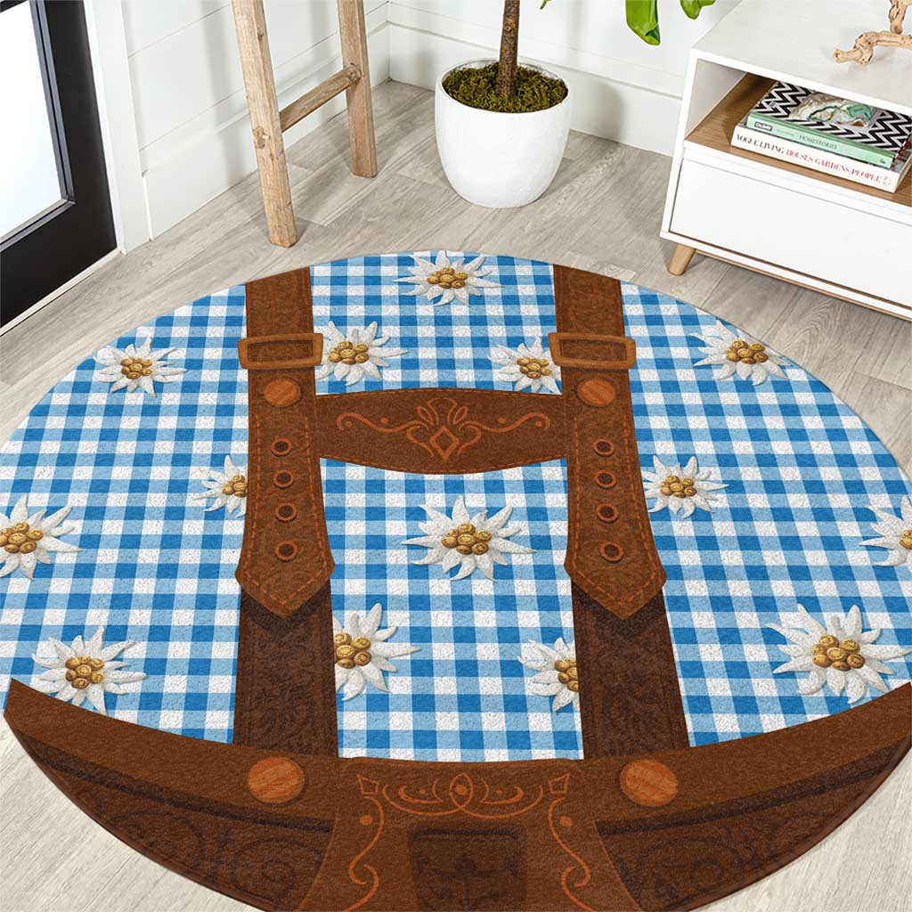 Traditional German Costume - Lederhosen Round Carpet Blue Plaid Pattern with Edelweiss Flowers - Wonder Print Shop