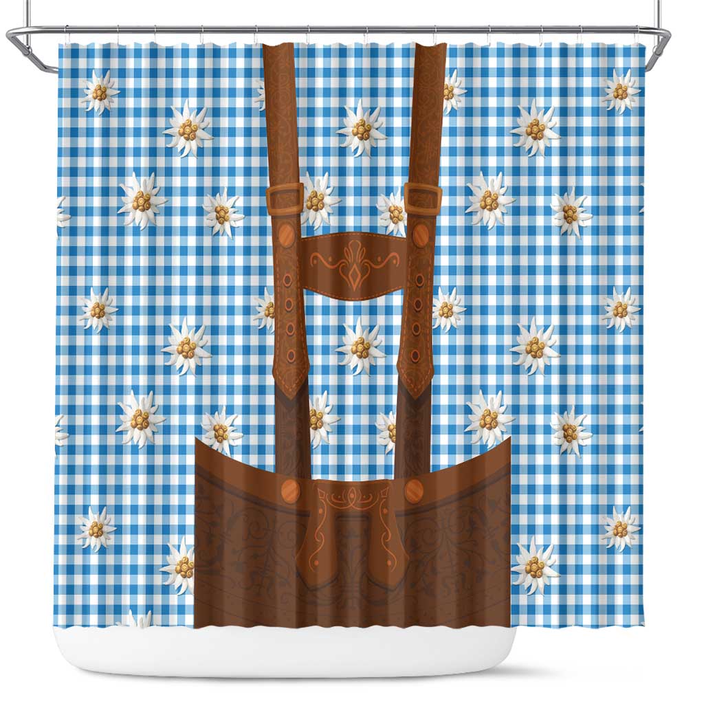 Blue plaid shower curtain with brown lederhosen design and gold edelweiss flowers