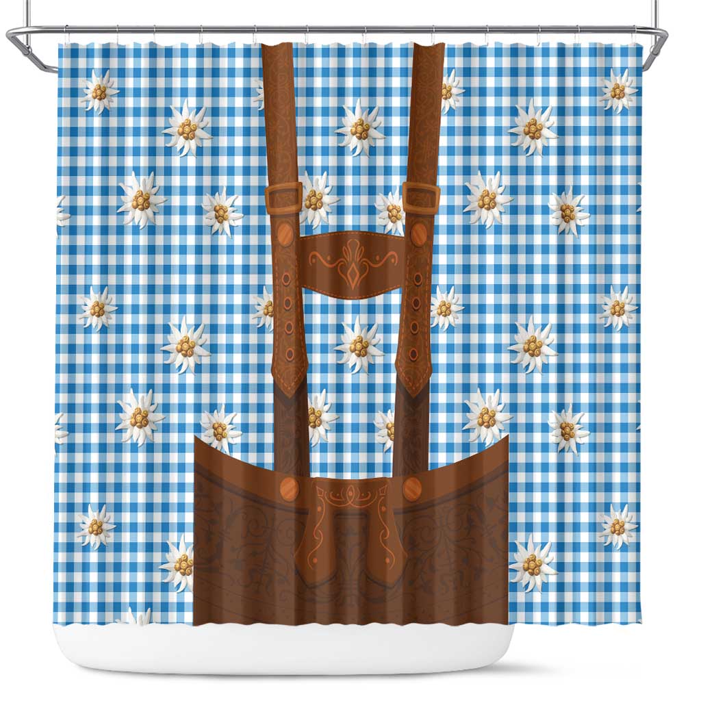 Traditional German Costume - Lederhosen Shower Curtain Blue Plaid Pattern with Edelweiss Flowers - Wonder Print Shop