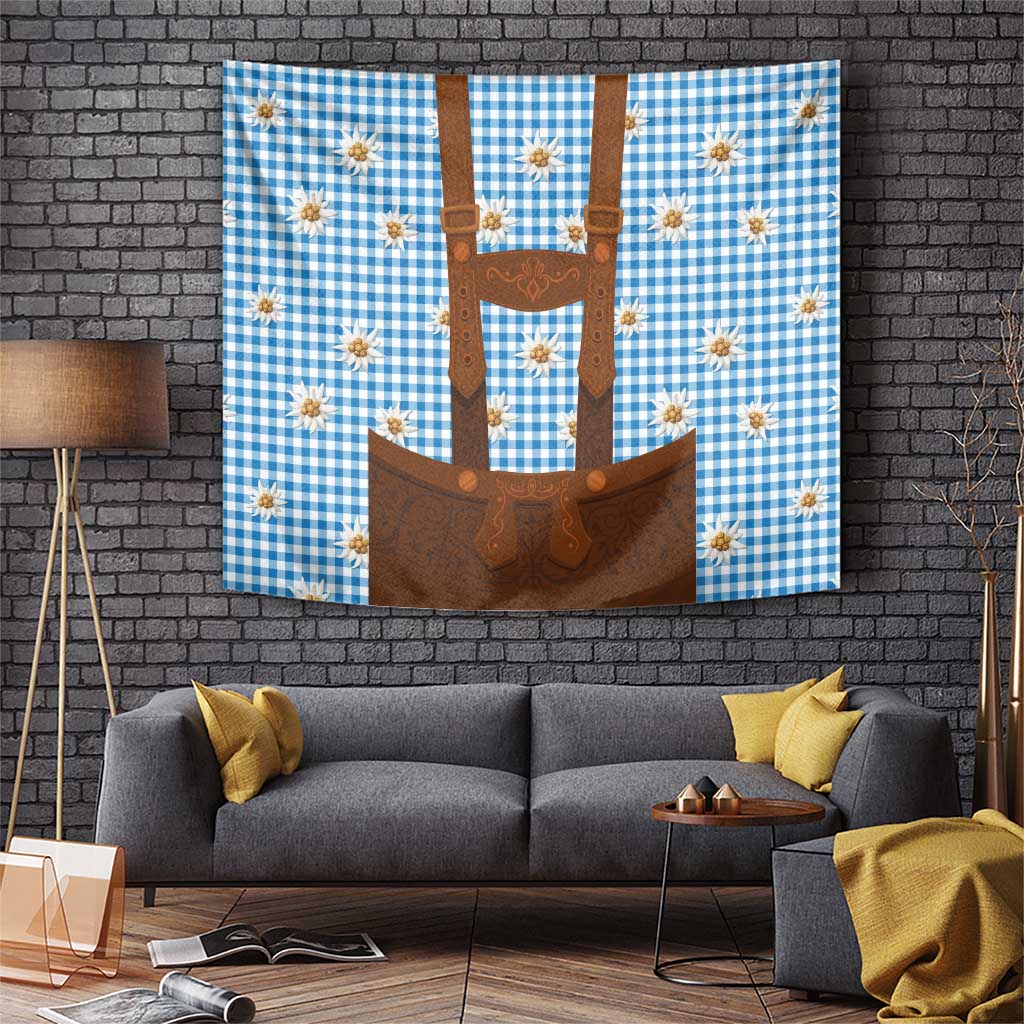 Rectangular wall tapestry with blue gingham pattern, brown lederhosen design, and gold flowers