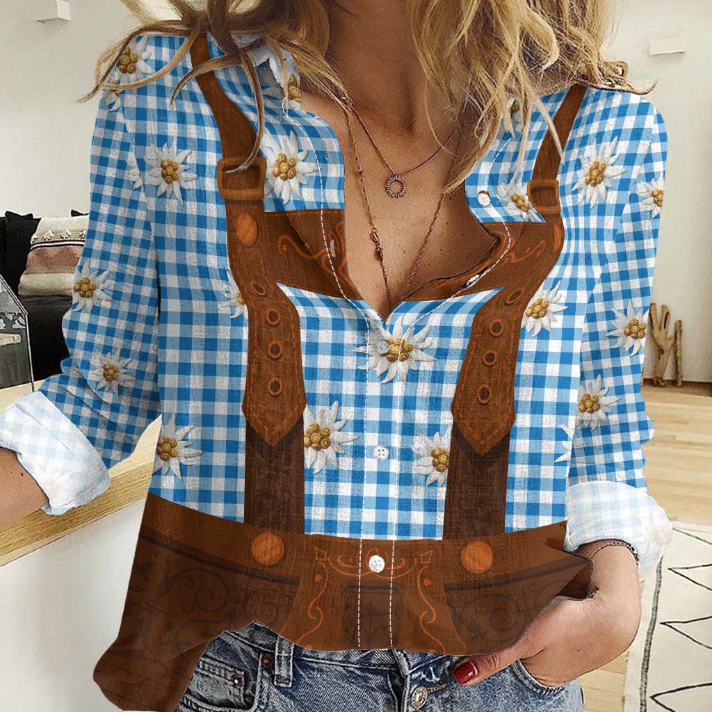 Traditional German Costume - Lederhosen Women Casual Shirt Blue Plaid Pattern with Edelweiss Flowers