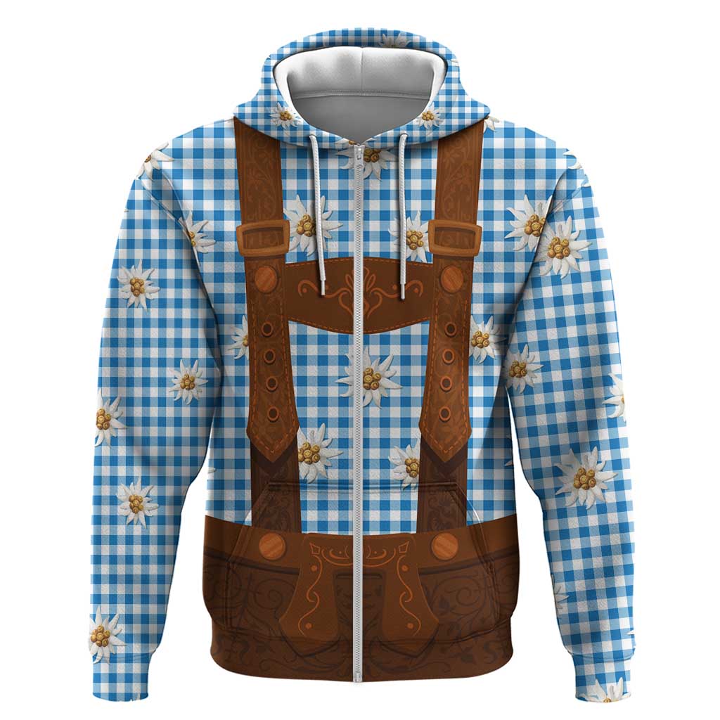 Traditional German Costume - Lederhosen Zip Hoodie Blue Plaid Pattern with Edelweiss Flowers - Wonder Print Shop