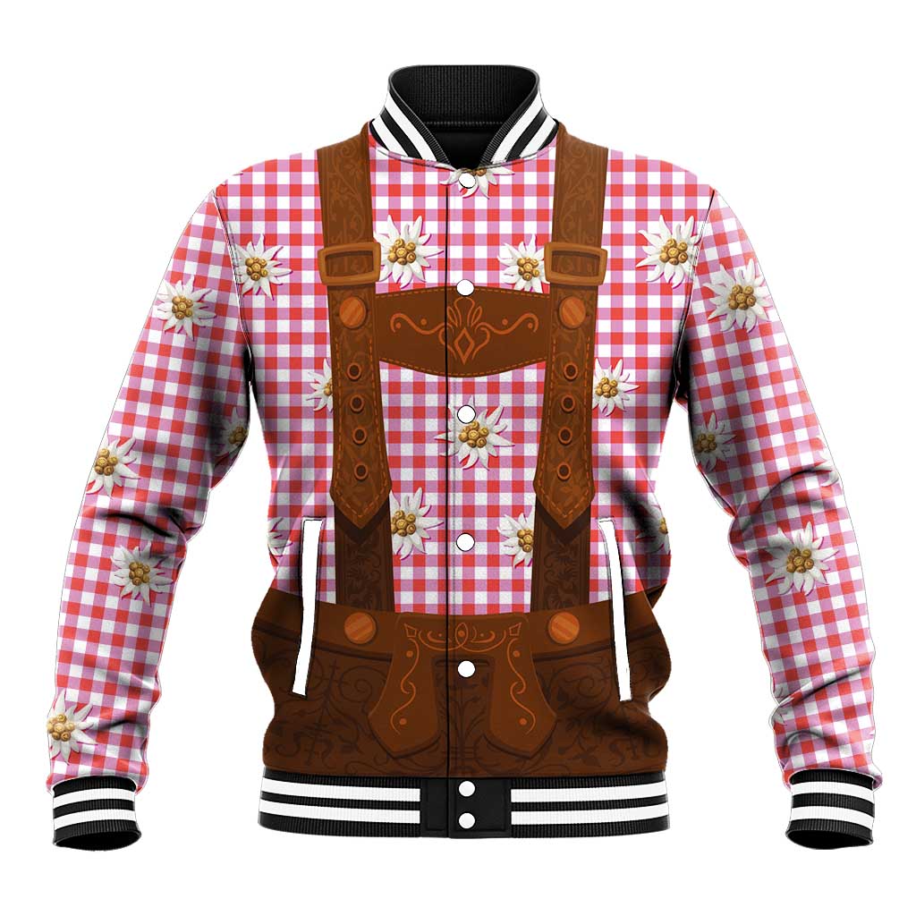 Red and white plaid baseball jacket with brown lederhosen-style straps, floral patches, striped cuffs