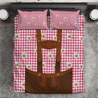 Red and white gingham bedding set with brown lederhosen applique and edelweiss flowers