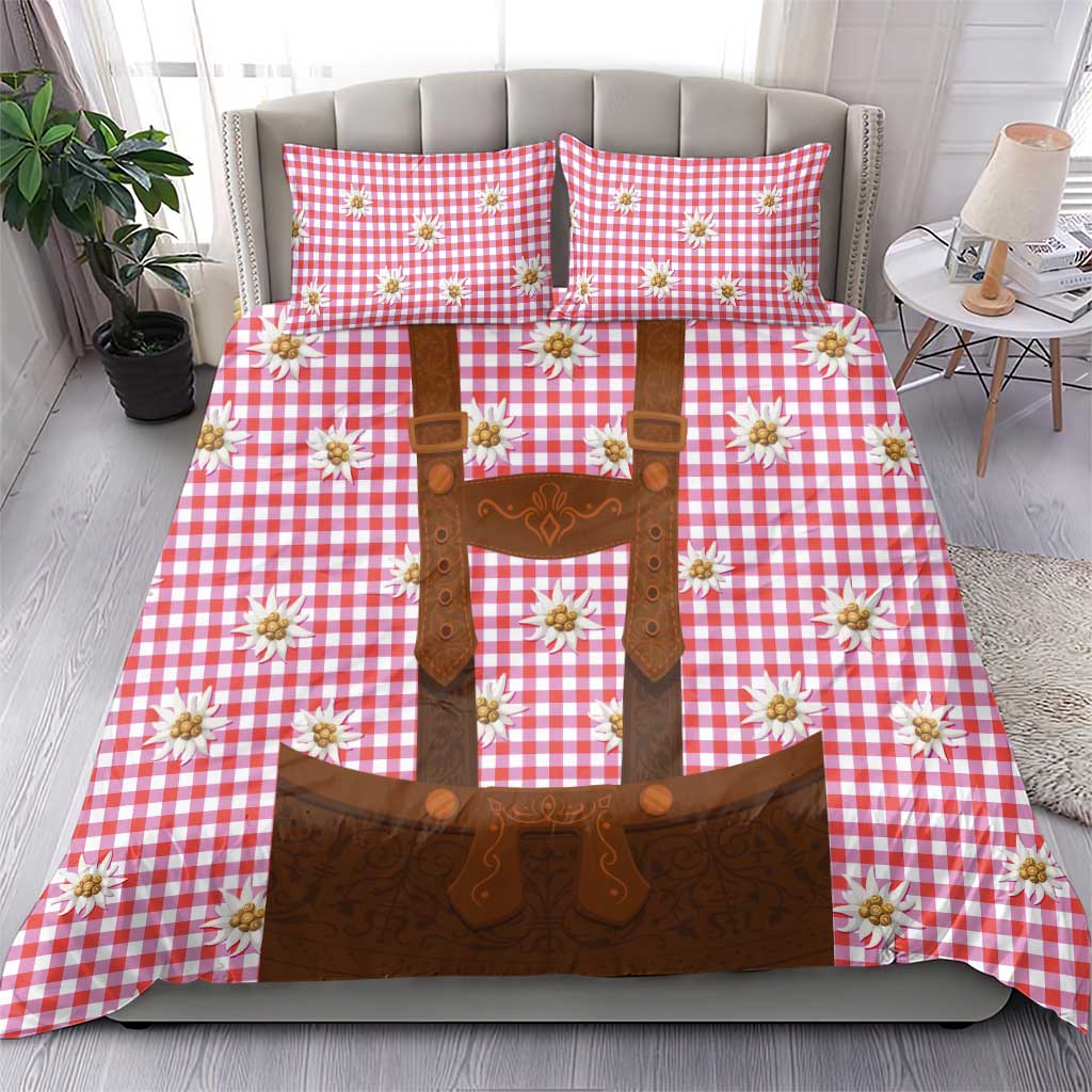 Red gingham duvet cover and pillow set with brown lederhosen design and edelweiss