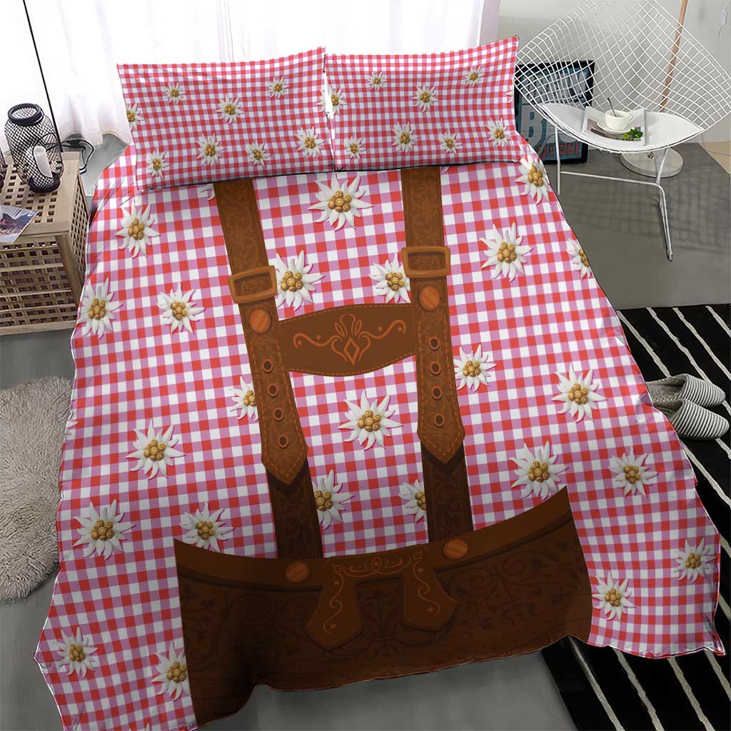 Red plaid bedding set featuring brown lederhosen applique and scattered edelweiss flowers