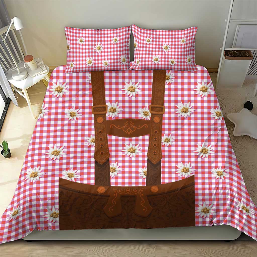 Red gingham bedspread with brown lederhosen-style applique and small edelweiss flowers