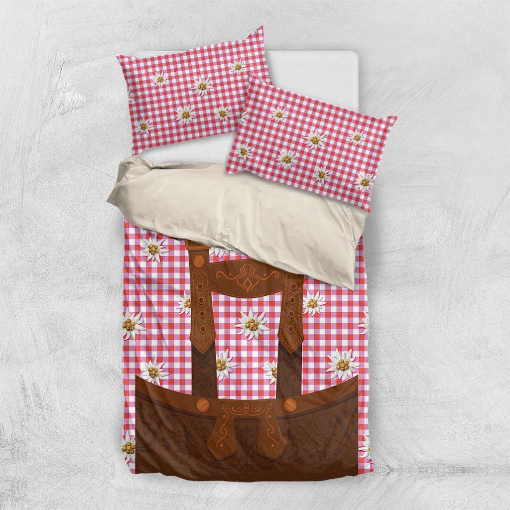 Red and white gingham bedding set with brown lederhosen motif and edelweiss flower prints