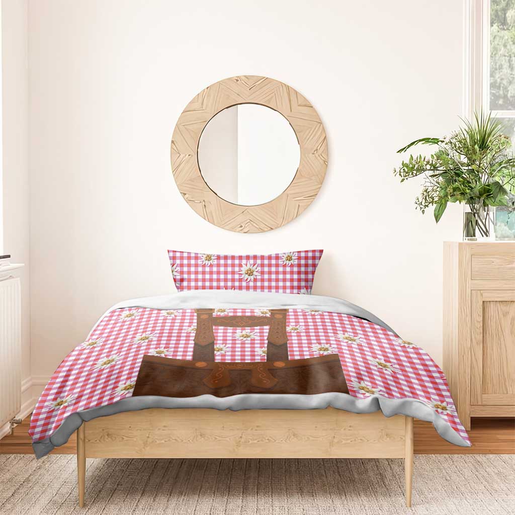 Red and white gingham bedding set with brown lederhosen applique and edelweiss accents