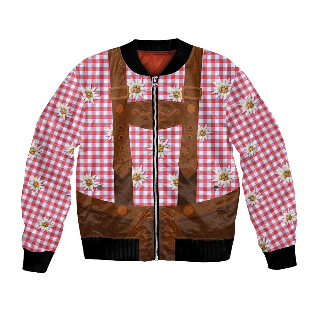 Red and white checkered bomber jacket with brown paneling, zipper front, flower emblems