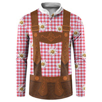 Red and white plaid button sweatshirt with brown leather-look bib and edelweiss flowers