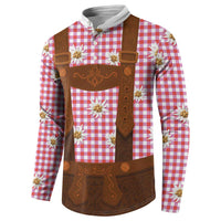 Red and white plaid button sweatshirt with brown leather-look bib and edelweiss flower print