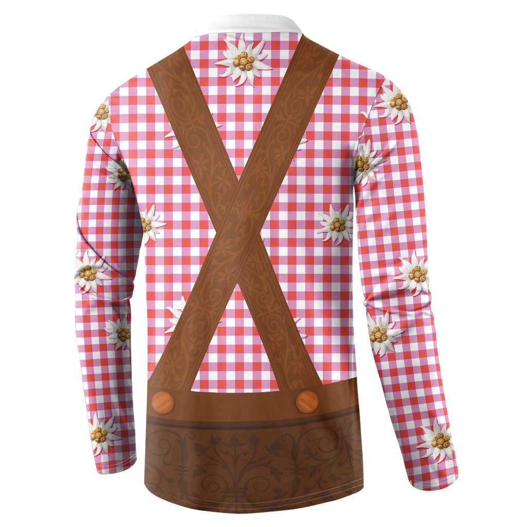 Red and white plaid button sweatshirt with brown cross-back straps and edelweiss flowers