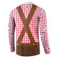 Red and white plaid button sweatshirt with brown cross-back straps and edelweiss flowers