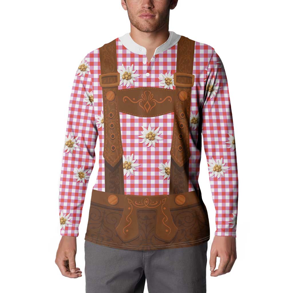 Red plaid button sweatshirt with brown leather-look bib front and edelweiss flower accents
