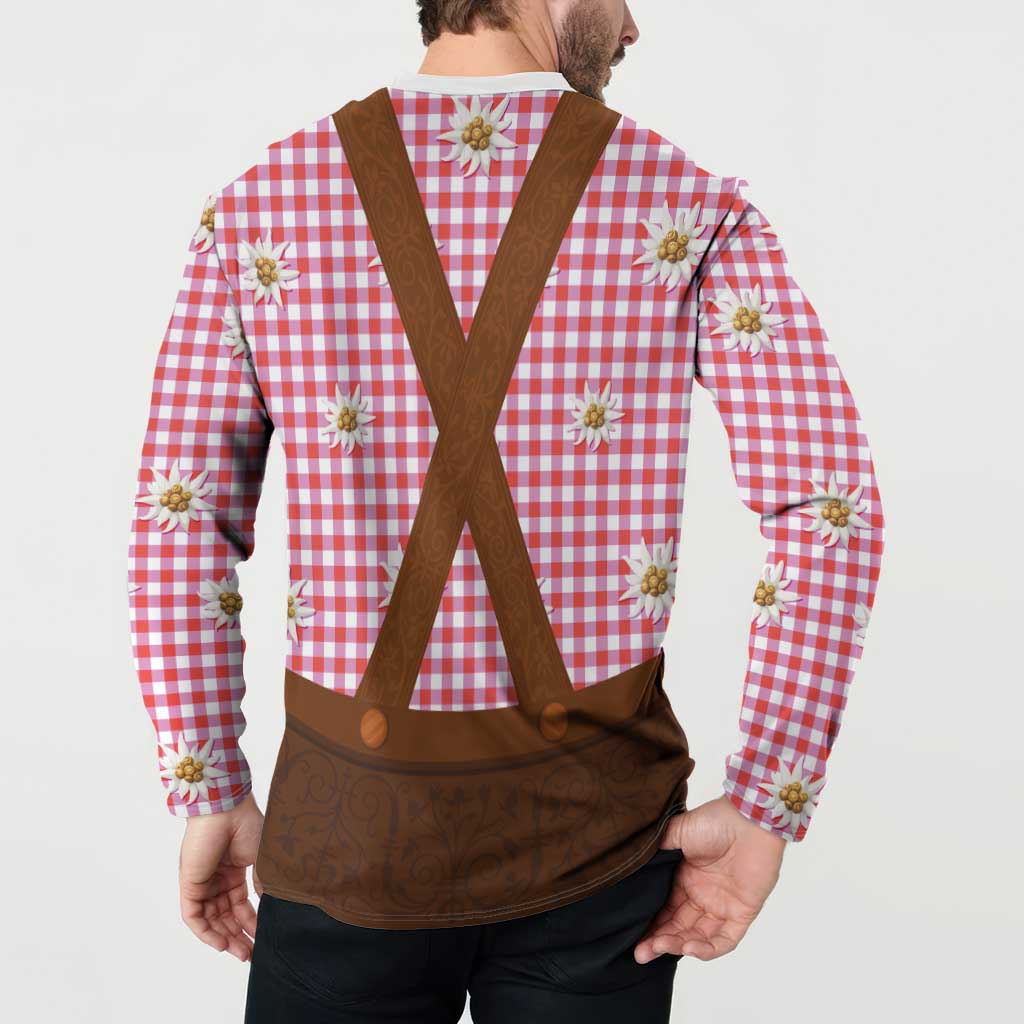 Red and white plaid button sweatshirt with brown cross-back straps and scattered edelweiss flowers