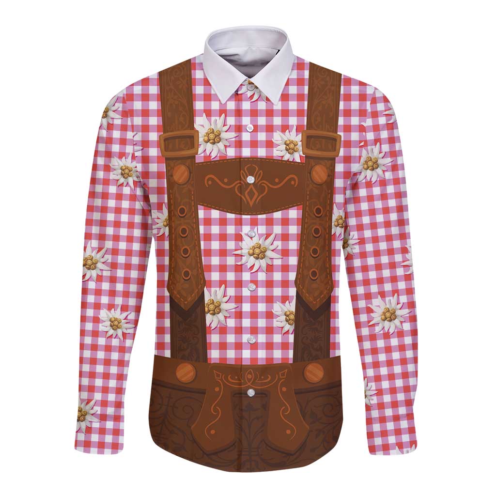 Red and white plaid long-sleeve button shirt with brown lederhosen bib and flower emblems