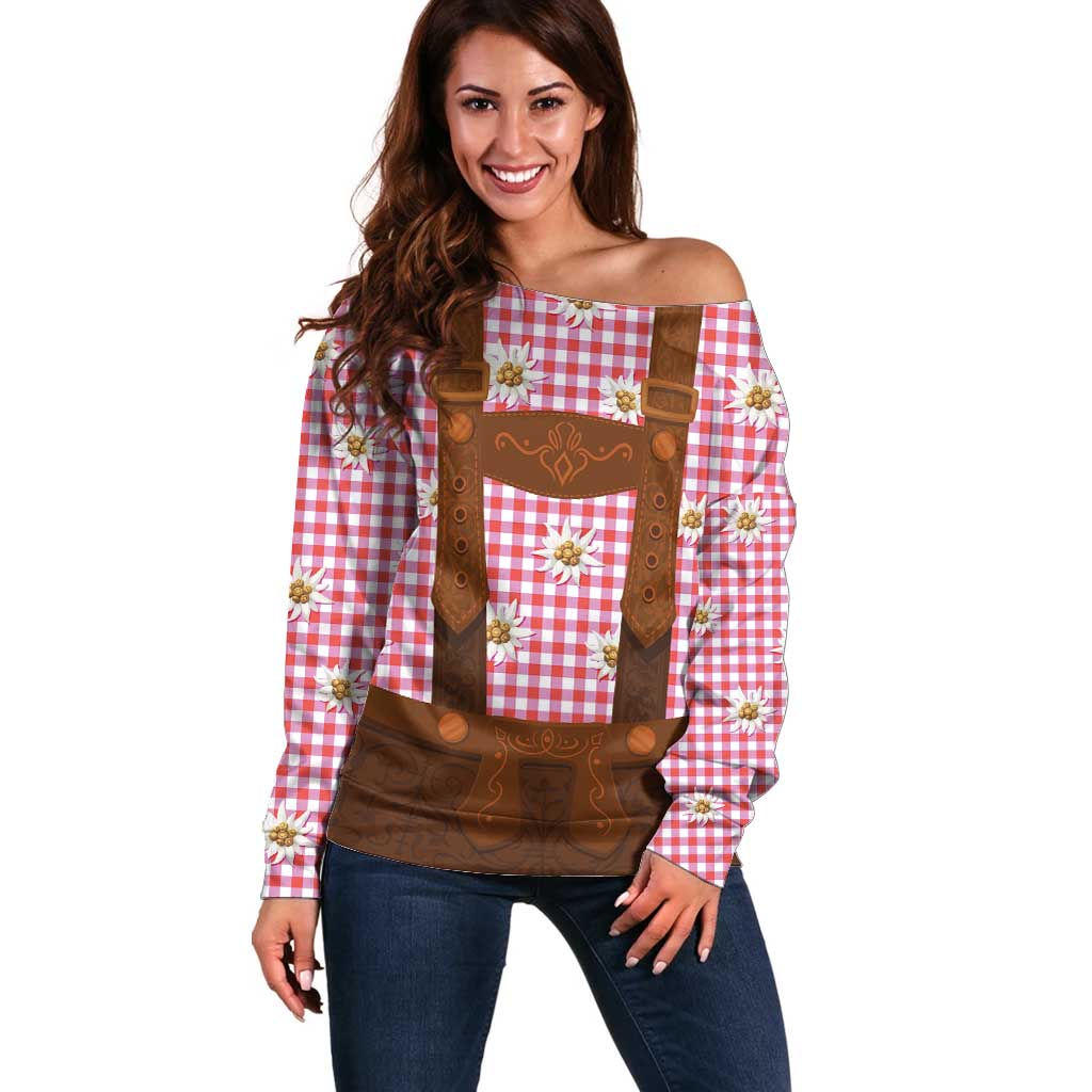 Traditional German Costume - Lederhosen Off Shoulder Sweater Red Plaid Pattern with Edelweiss Flowers