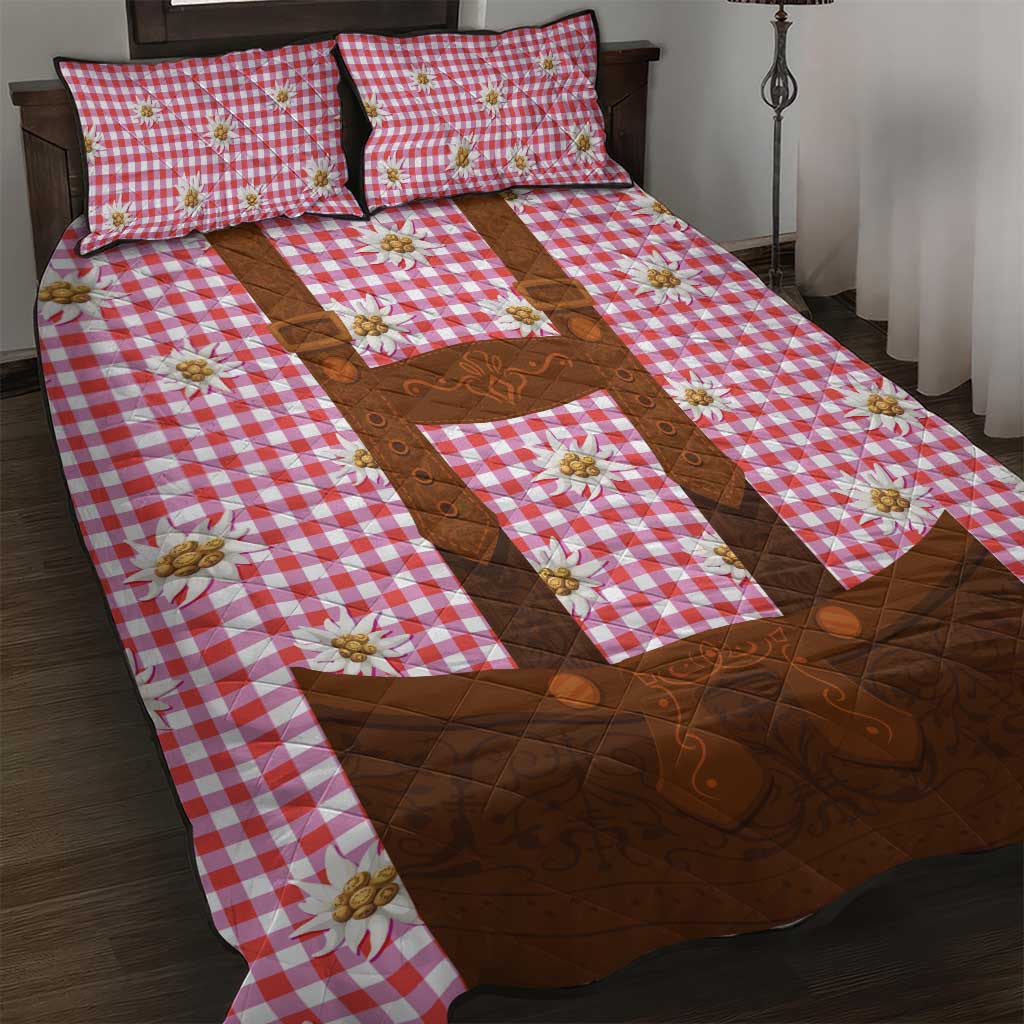 Traditional German Costume - Lederhosen Quilt Bed Set Red Plaid Pattern with Edelweiss Flowers - Wonder Print Shop