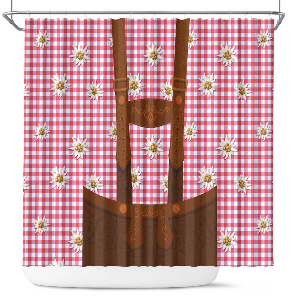 Red and white plaid shower curtain with brown lederhosen-style panel and gold edelweiss flowers